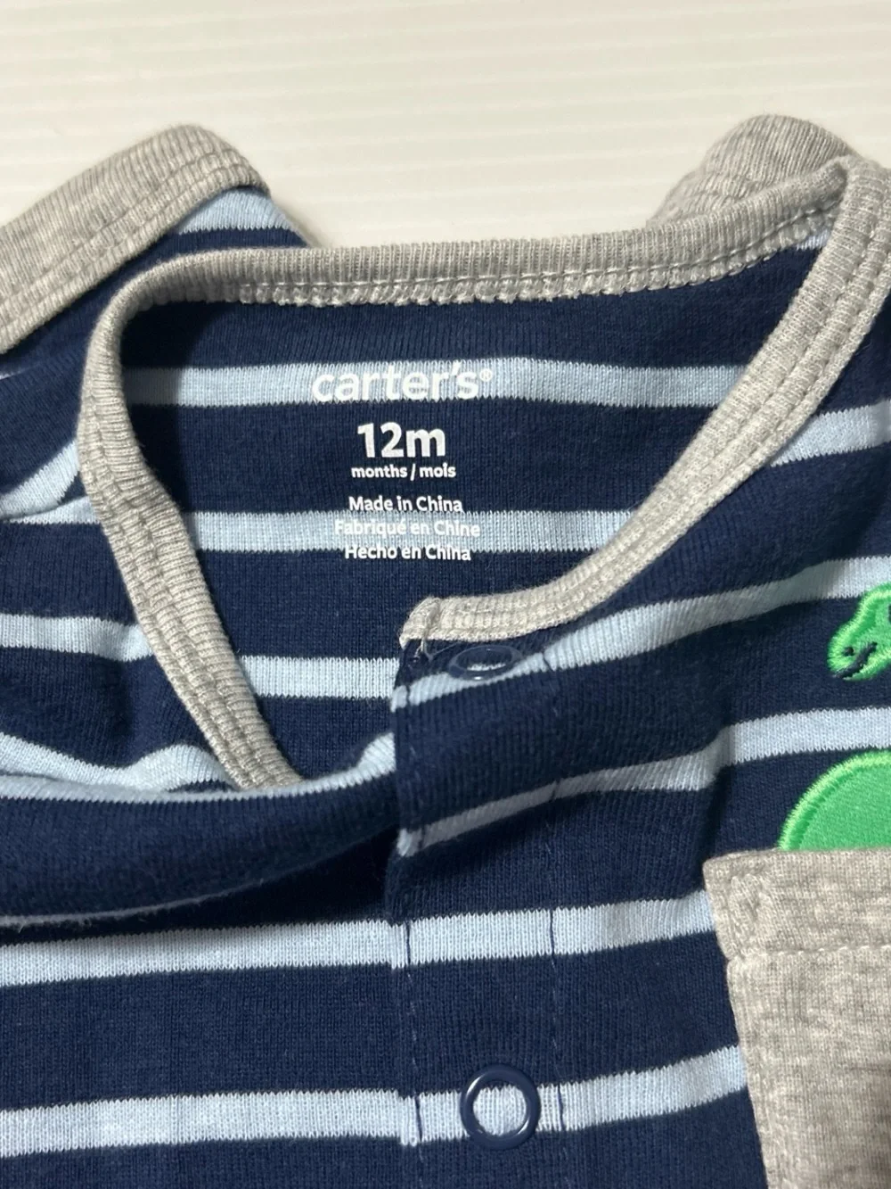Carter's Navy & Light Blue Striped Baby Romper with Gray Pocket and Green Dino